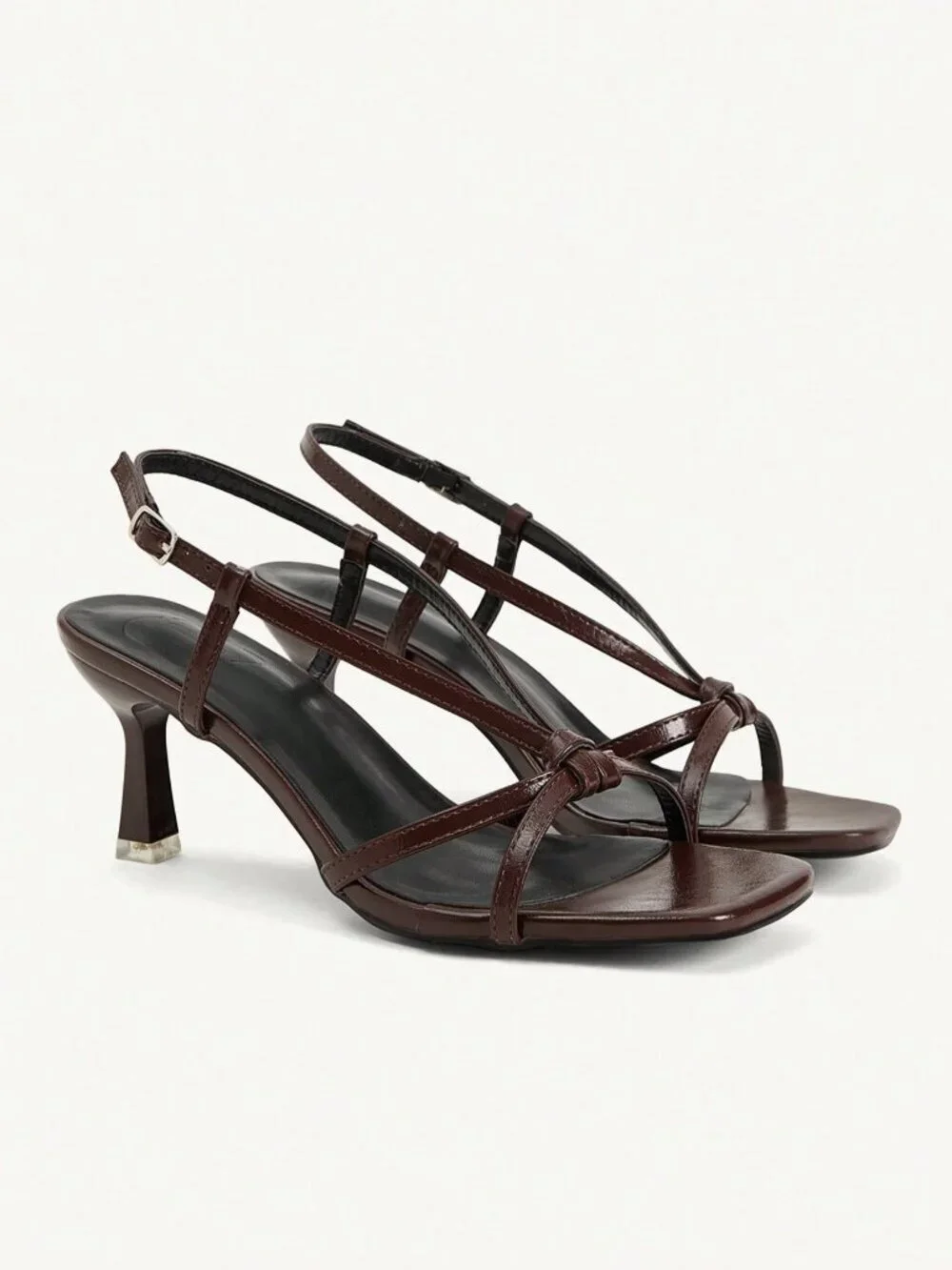 Brown Casual Women's Strap Open-Toed Square-Toe Stiletto Faux Leather Heels